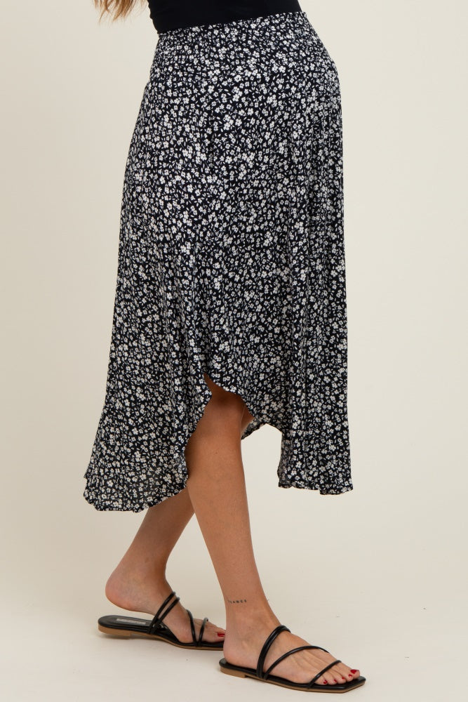 Black Floral Smocked Waist Round Hem Maternity Midi Skirt