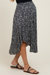 Black Floral Smocked Waist Round Hem Maternity Midi Skirt