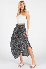 Black Floral Smocked Waist Round Hem Midi Skirt