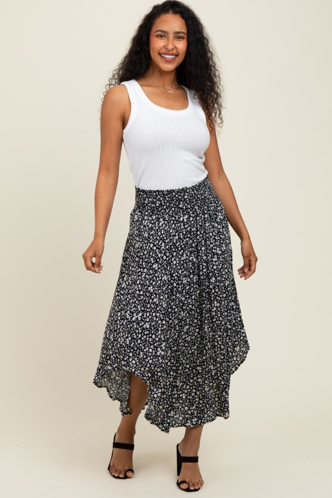 Black Floral Smocked Waist Round Hem Midi Skirt