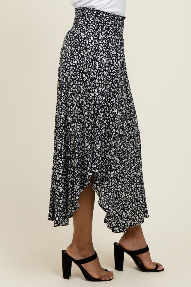 Black Floral Smocked Waist Round Hem Midi Skirt