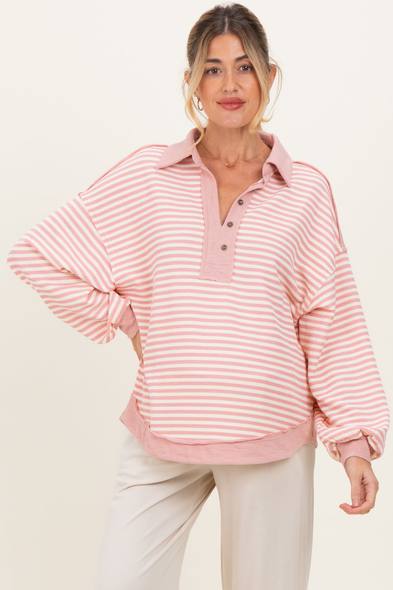 Mauve Striped Oversized Collared Pullover Maternity Top