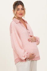Mauve Striped Oversized Collared Pullover Maternity Top