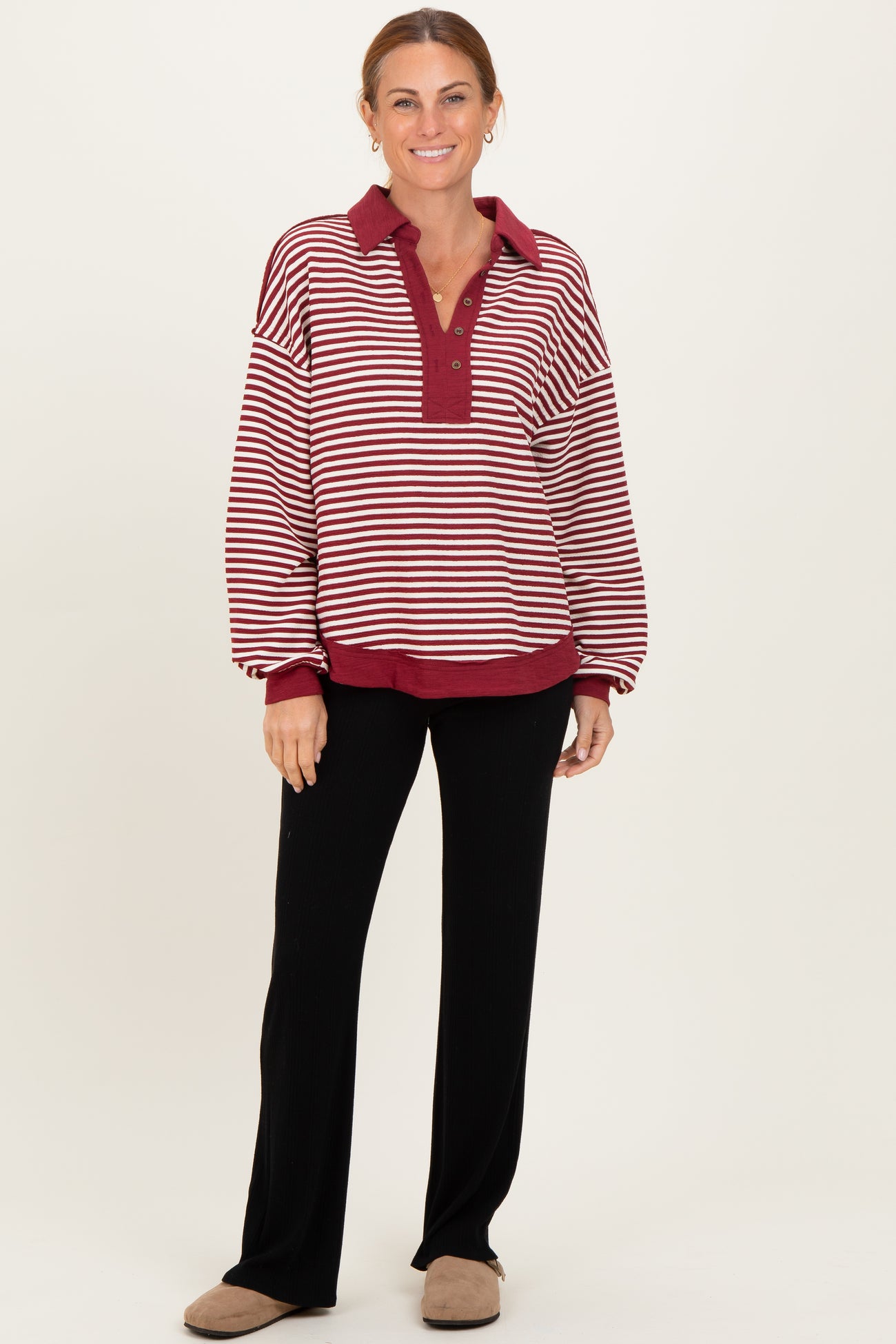 Burgundy Striped Oversized Collared Pullover Top