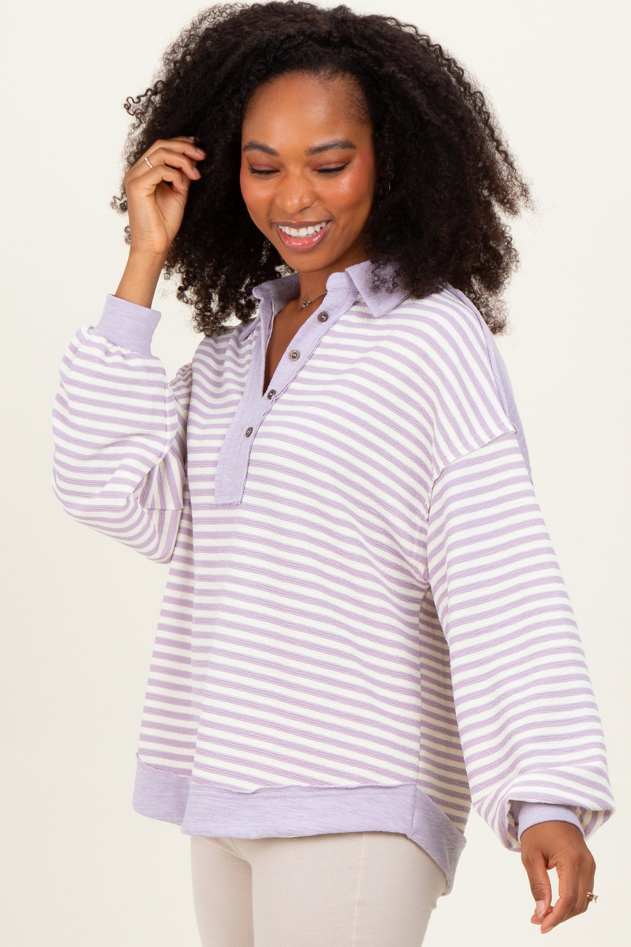 Lavender Striped Oversized Collared Pullover Top