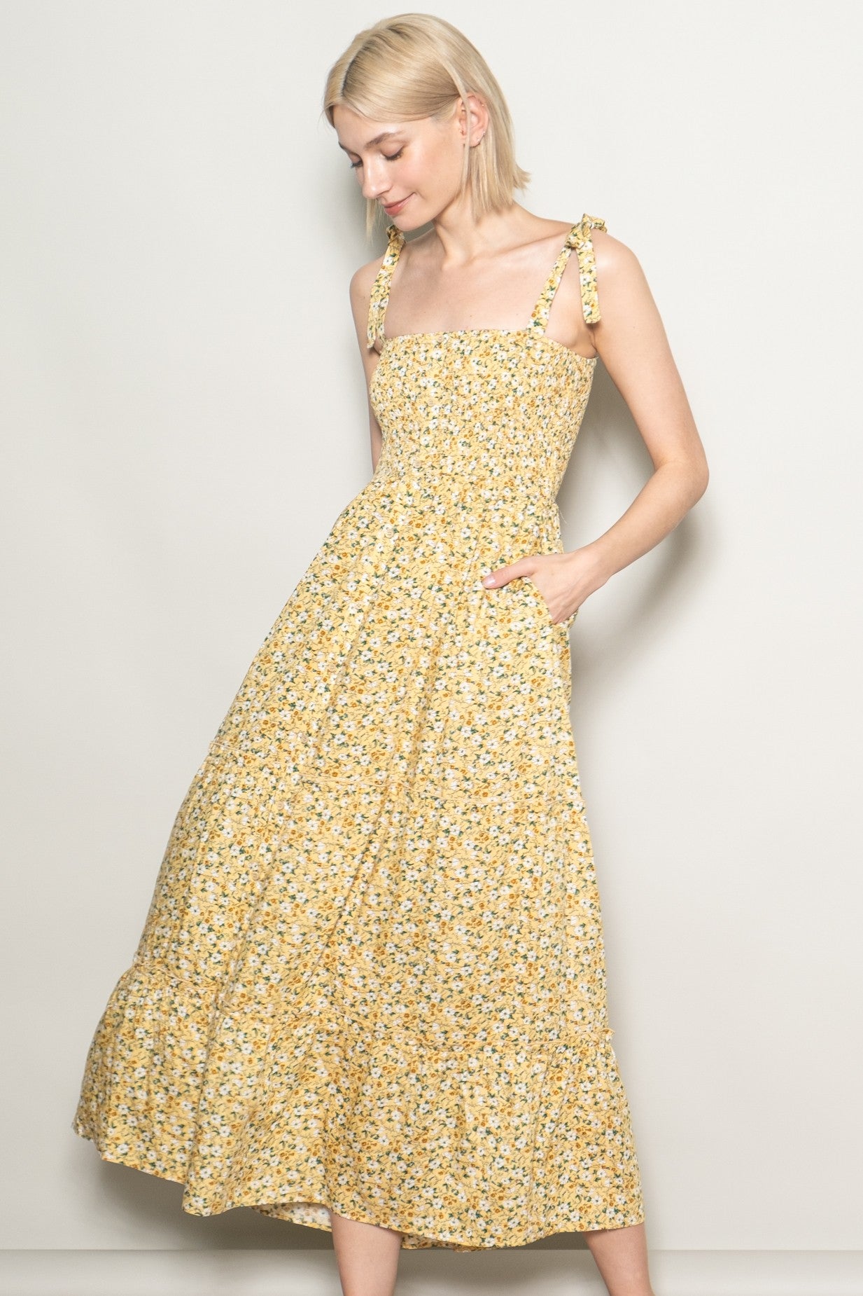 Yellow Floral Button Down Shoulder Tie Maternity Maxi Dress