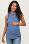 Blue Rib Knit Ruffle Trim Sleeveless Maternity Top