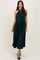 woman wearing a dark green pleated halter neck dress with a tie waist and a flowing skirt