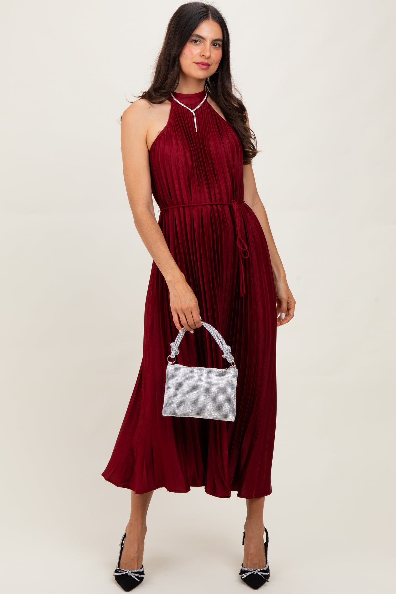 Burgundy Pleated Maternity Halter Dress