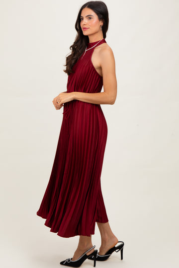 Burgundy Pleated Halter Dress