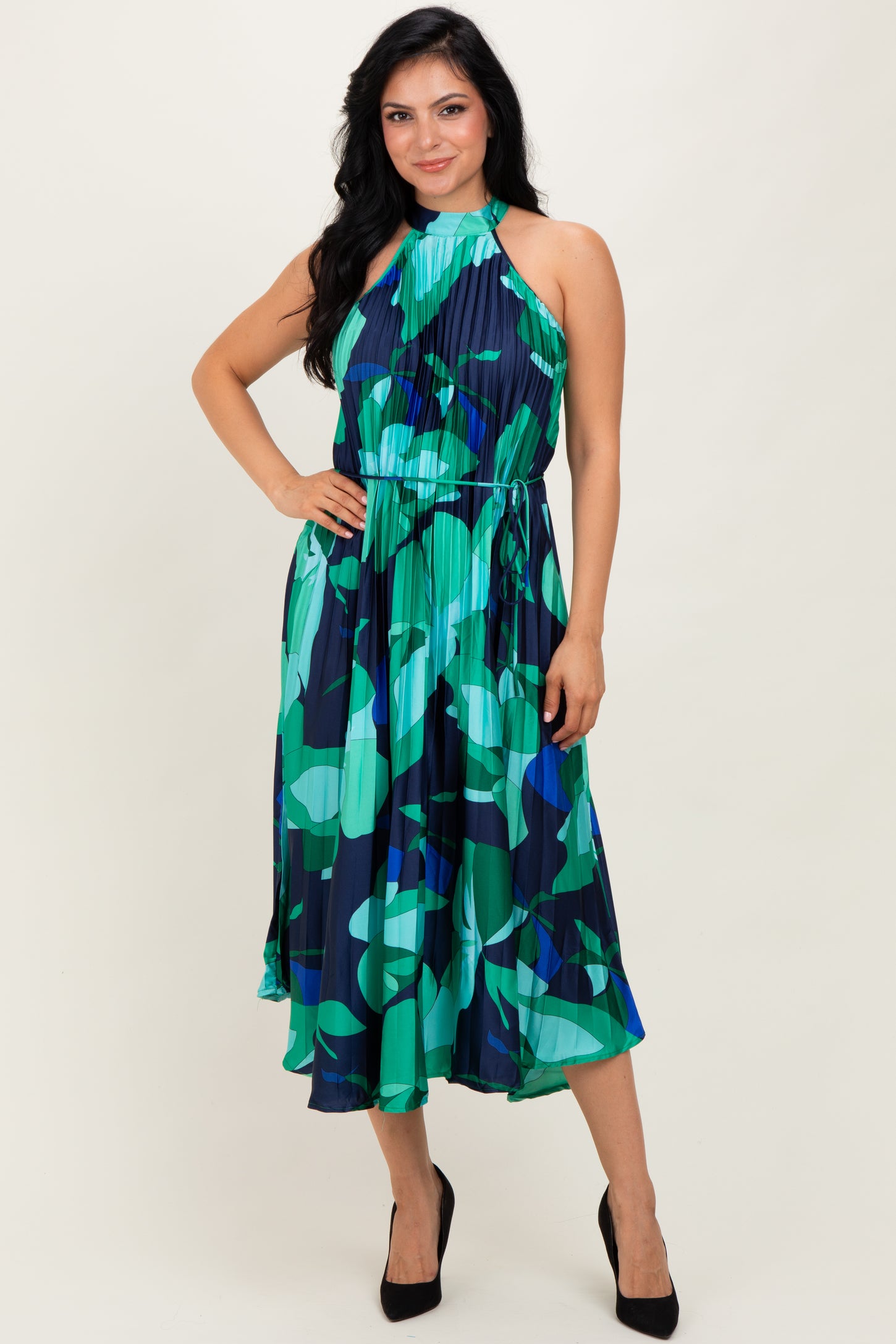 Jade Printed Pleated Halter Midi Dress