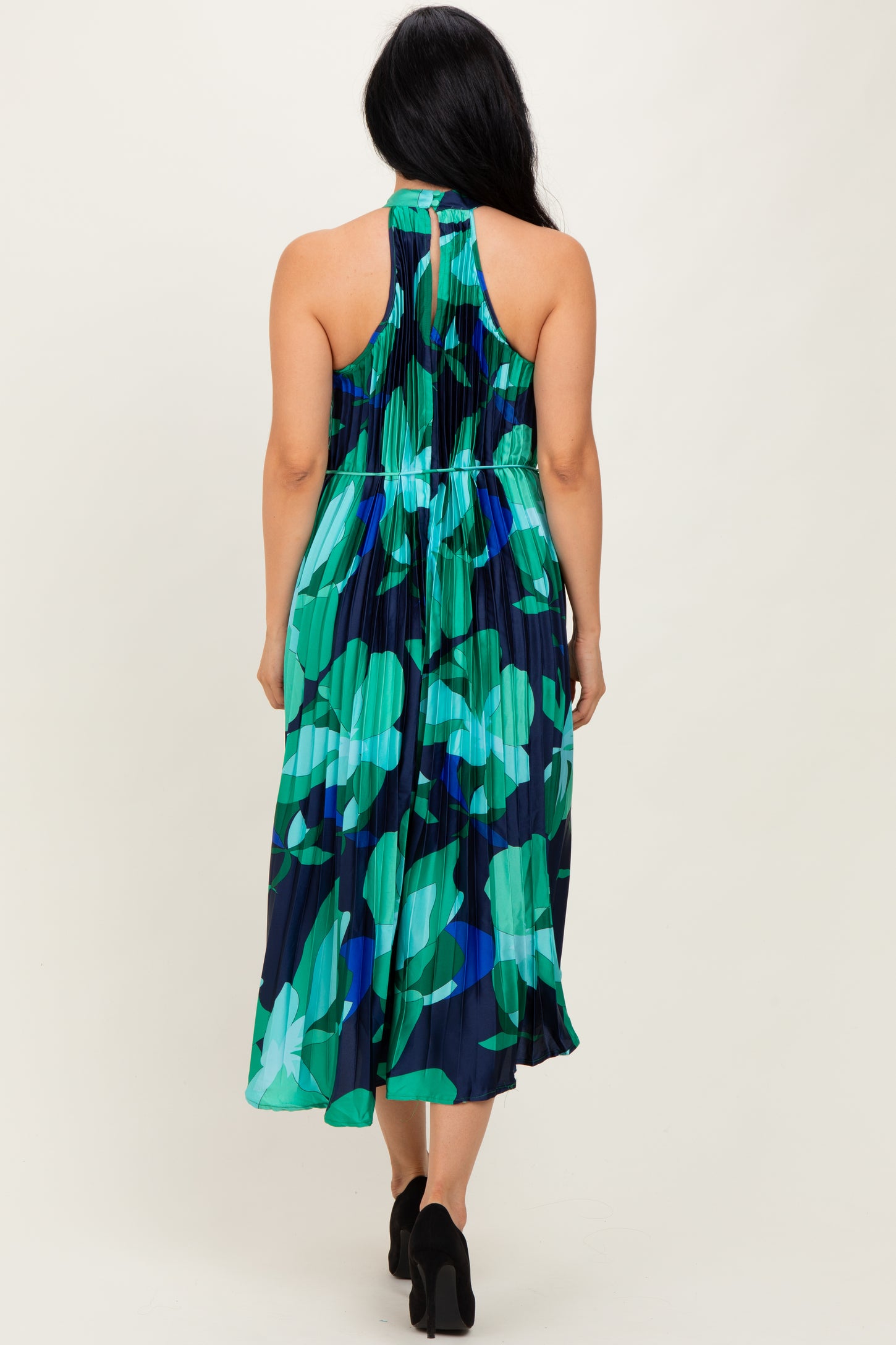 Jade Printed Pleated Halter Midi Dress