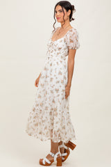 Ivory Floral Lace Overlay Puff Sleeve Midi Dress