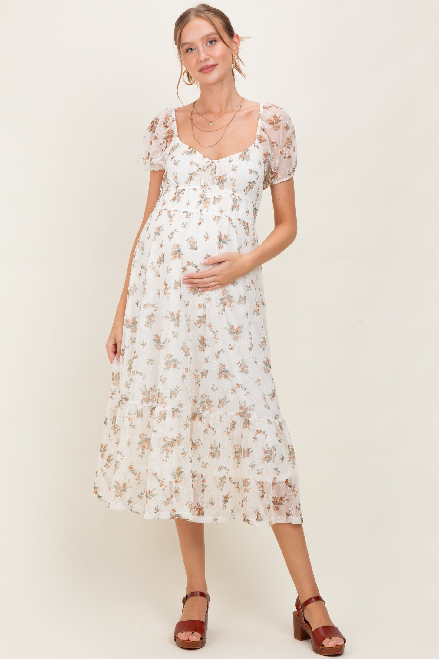 Ivory Floral Lace Overlay Puff Sleeve Maternity Midi Dress