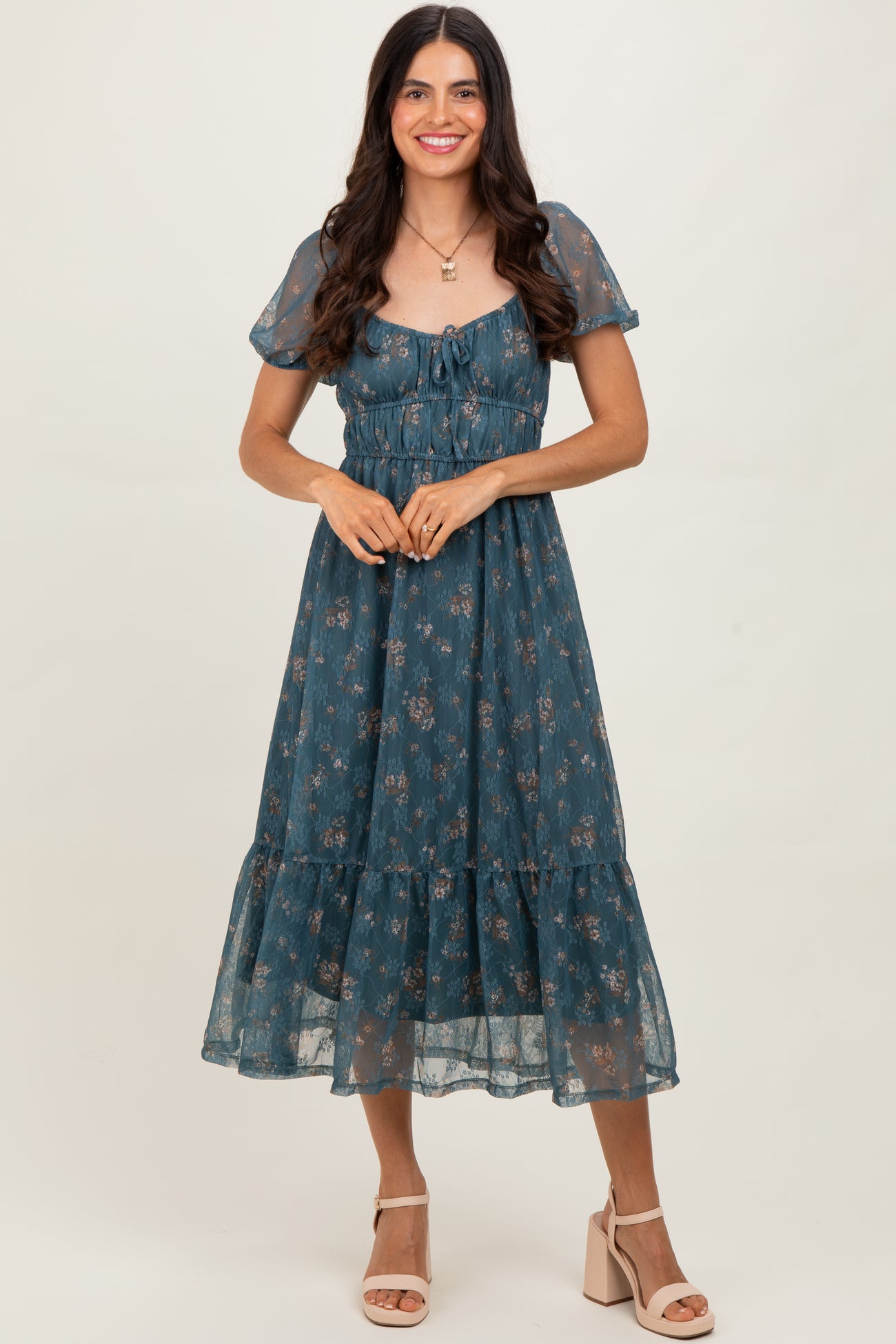 Deep Teal Floral Lace Overlay Puff Sleeve Midi Dress