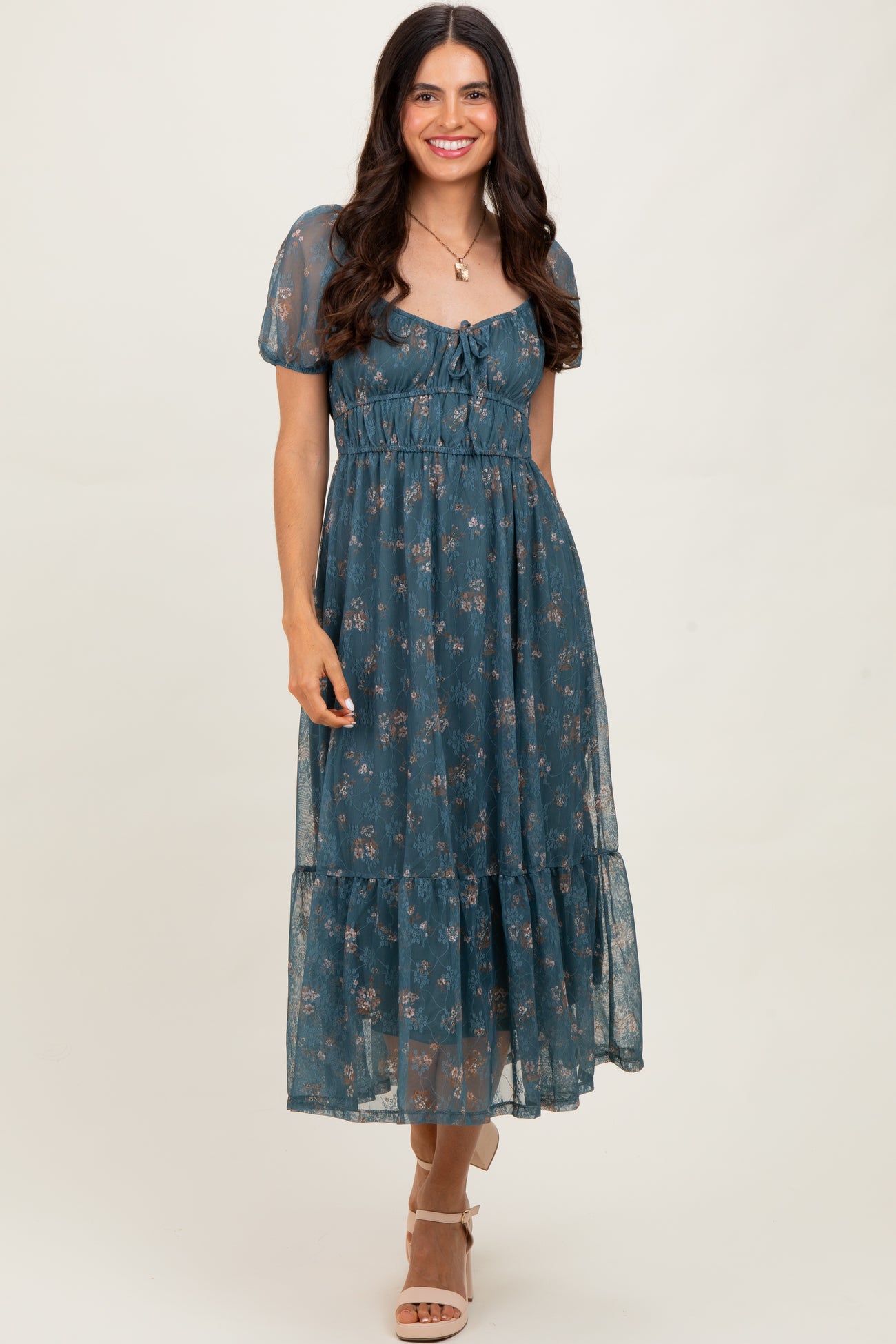 Deep Teal Floral Lace Overlay Puff Sleeve Midi Dress