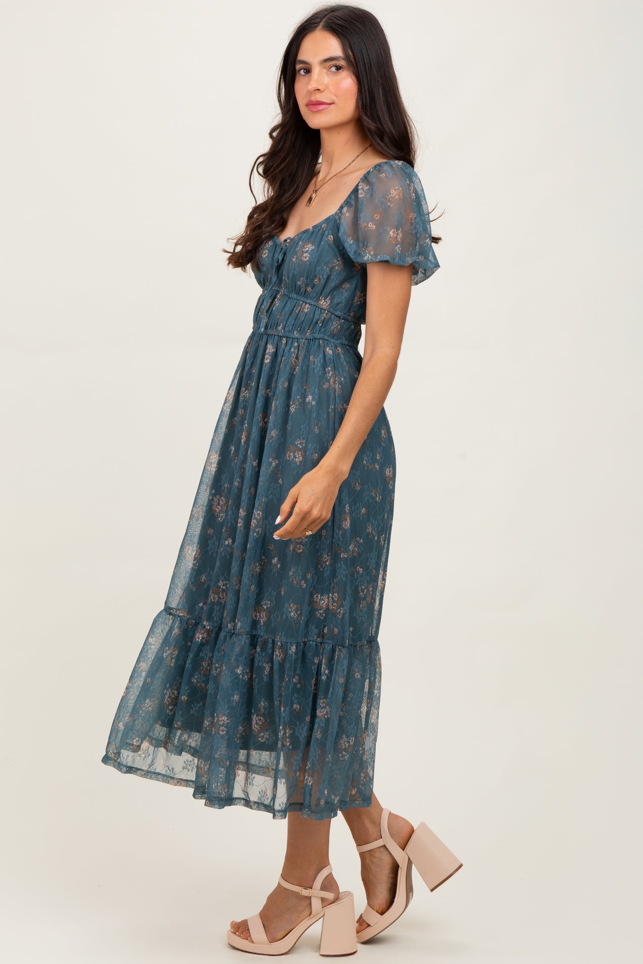 Deep Teal Floral Lace Overlay Puff Sleeve Midi Dress