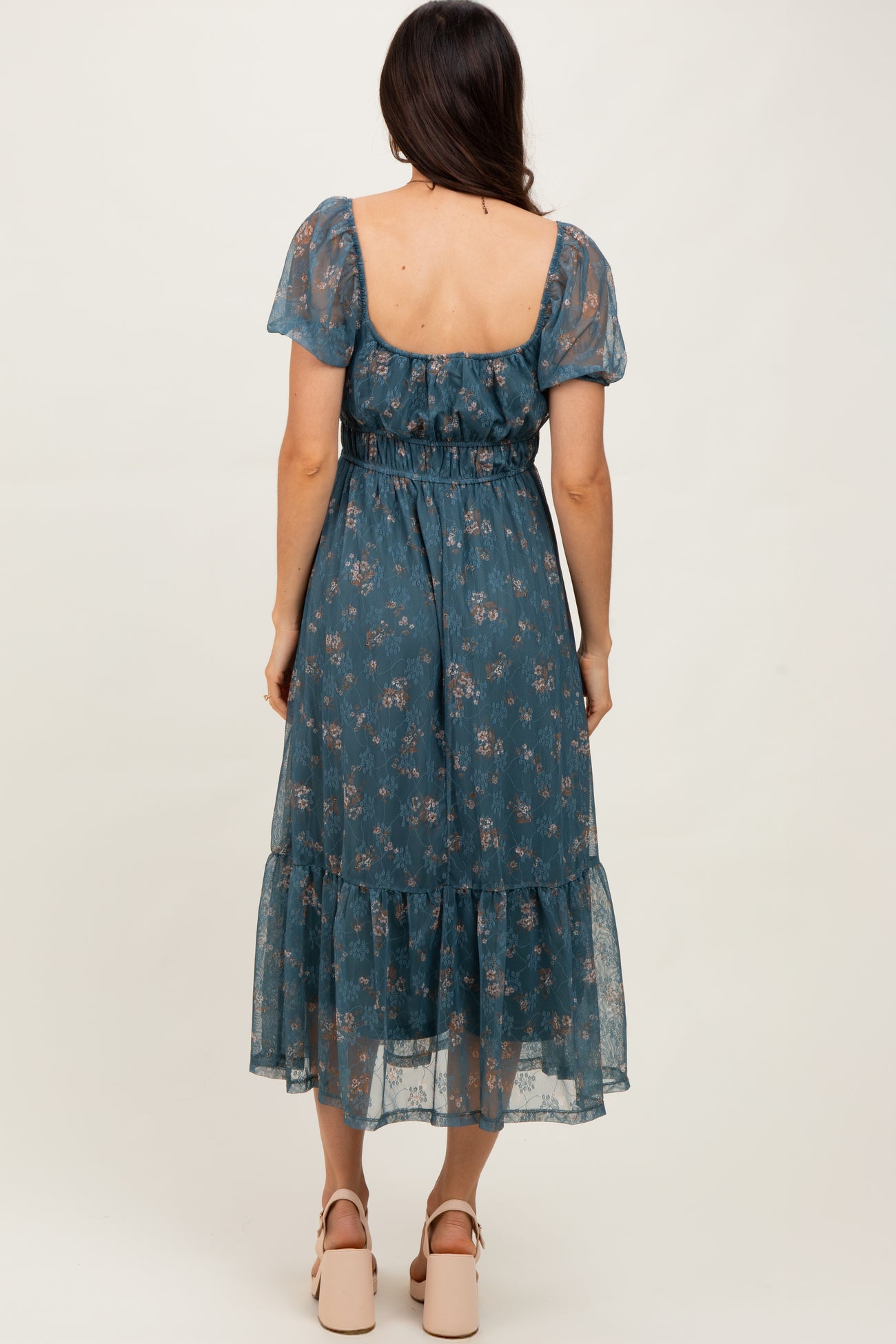 Deep Teal Floral Lace Overlay Puff Sleeve Midi Dress