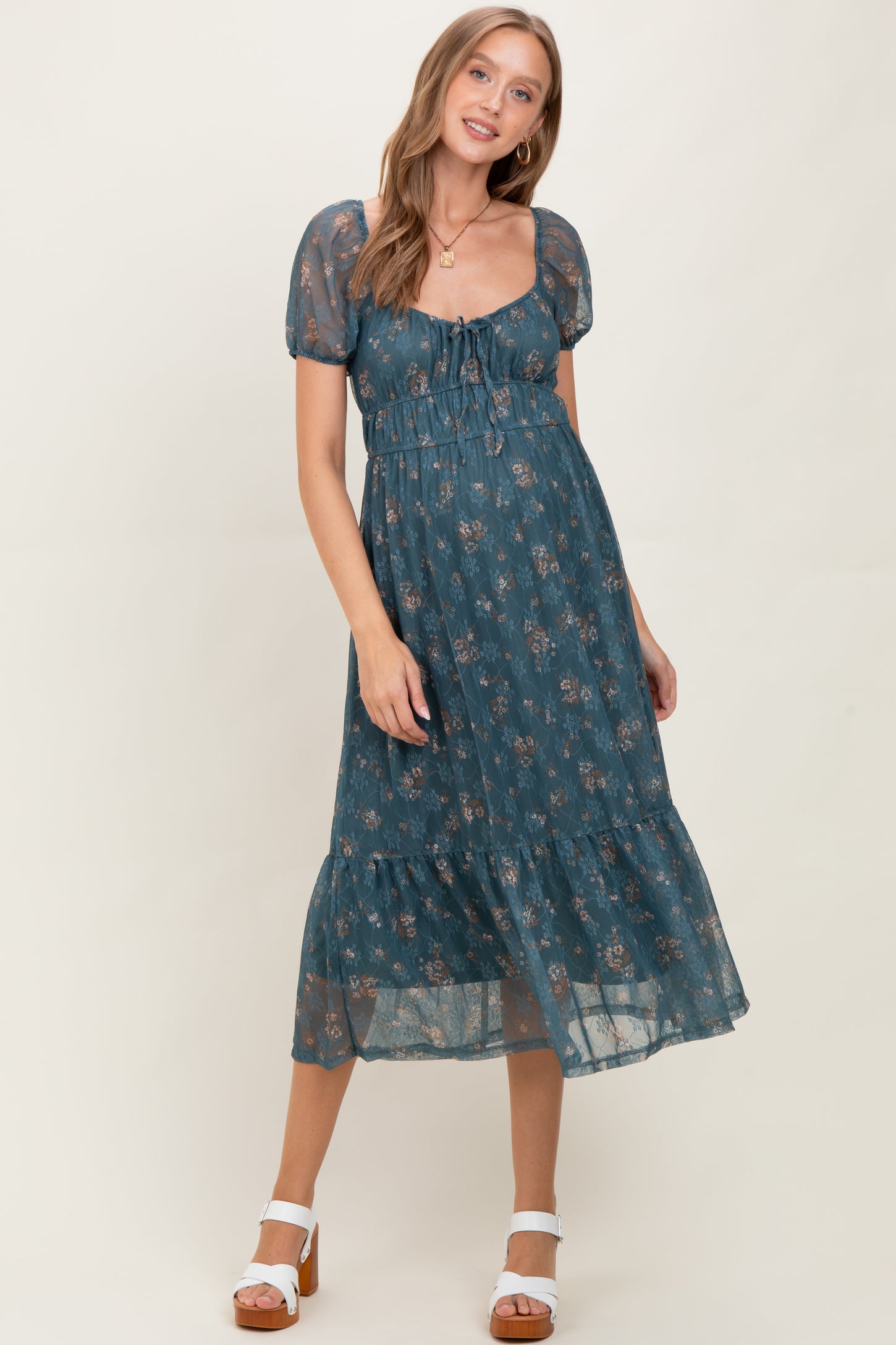 Deep Teal Floral Lace Overlay Puff Sleeve Maternity Midi Dress