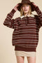 Brown Striped Knit Relaxed Fit Polo Sweater