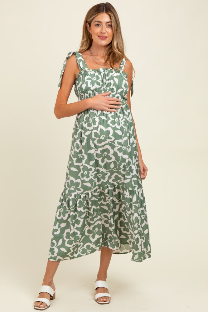 Light Olive Floral Tiered Shoulder Tie Maternity Midi Dress