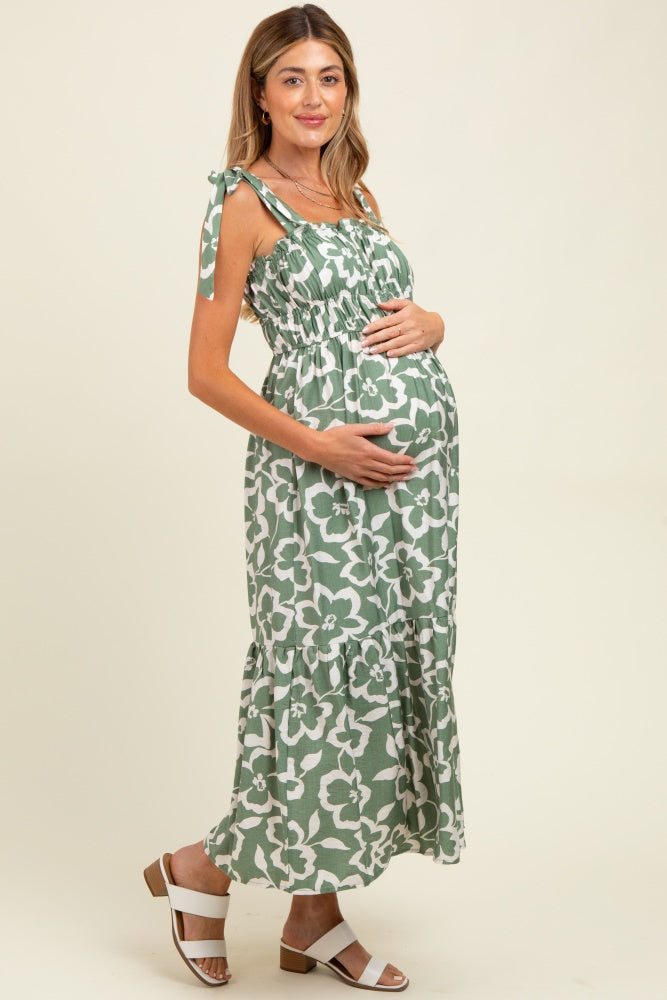 Light Olive Floral Tiered Shoulder Tie Maternity Midi Dress