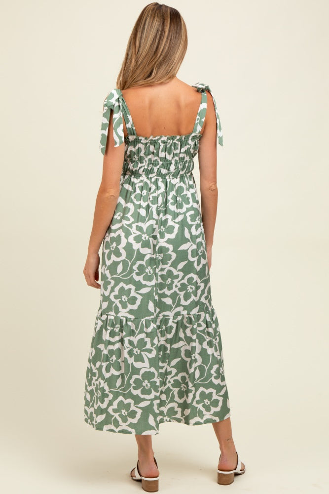 Light Olive Floral Tiered Shoulder Tie Maternity Midi Dress