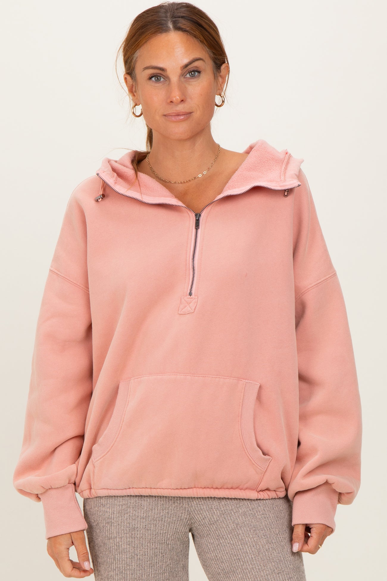 Peach Fleece Half Zip Drop Shoulder Maternity Hoodie