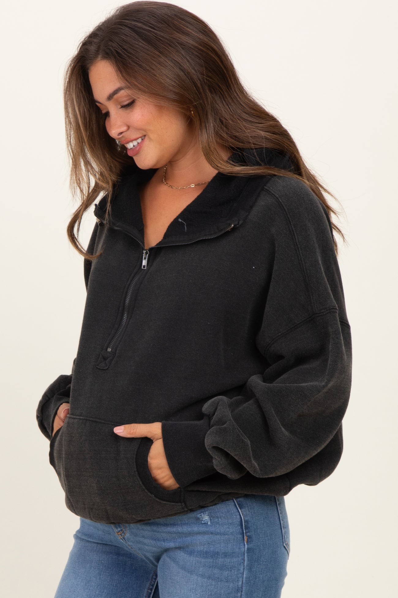 Black Fleece Half Zip Drop Shoulder Maternity Hoodie
