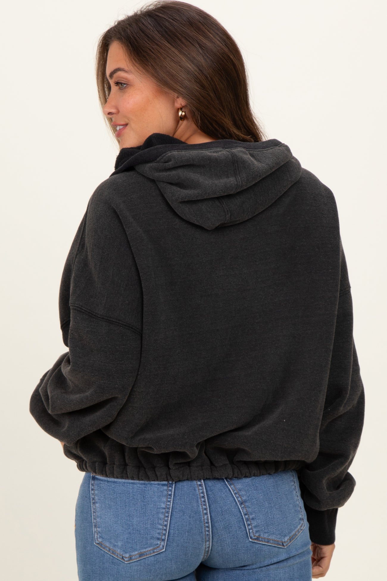 Black Fleece Half Zip Drop Shoulder Maternity Hoodie