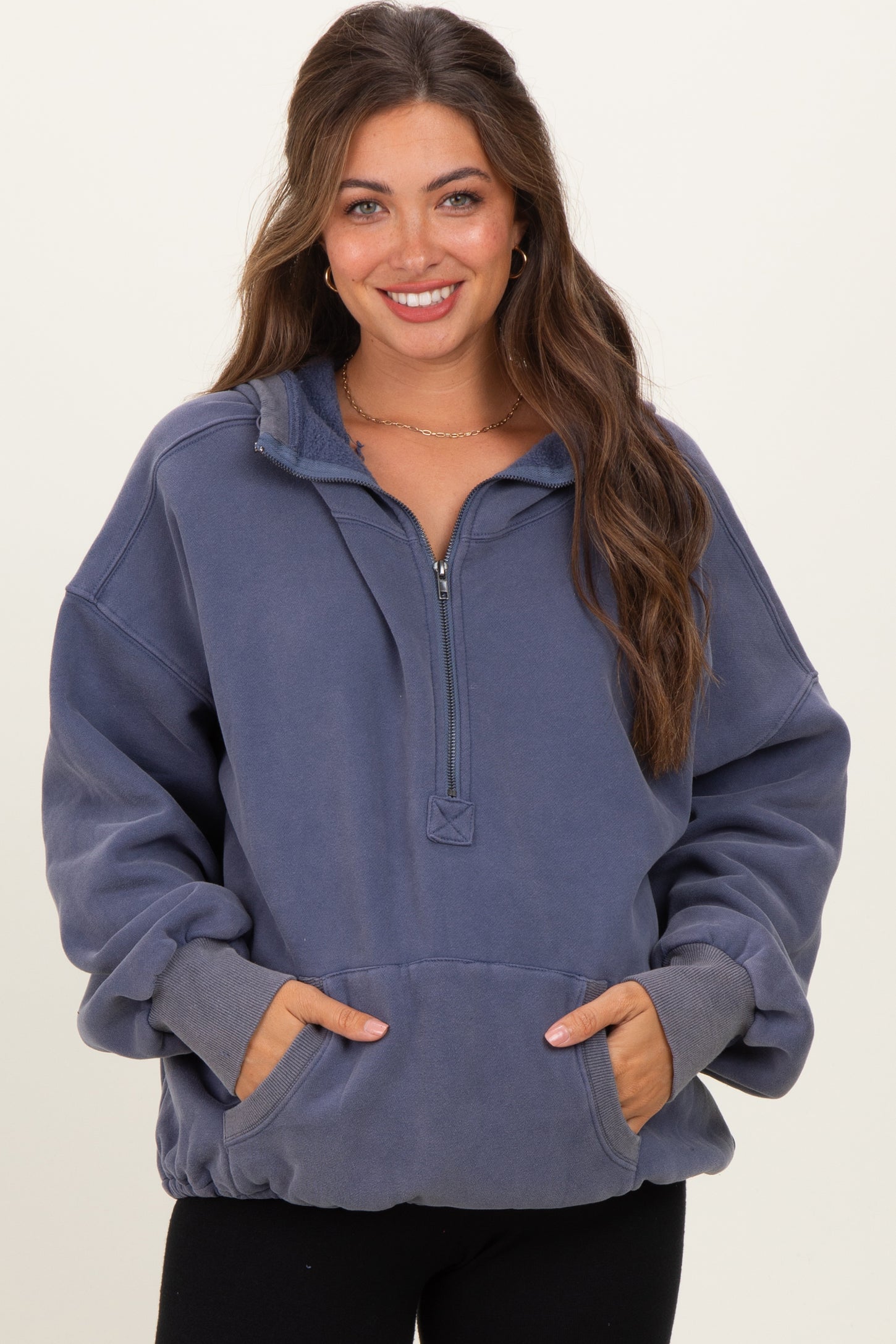 Navy Fleece Half Zip Drop Shoulder Maternity Hoodie