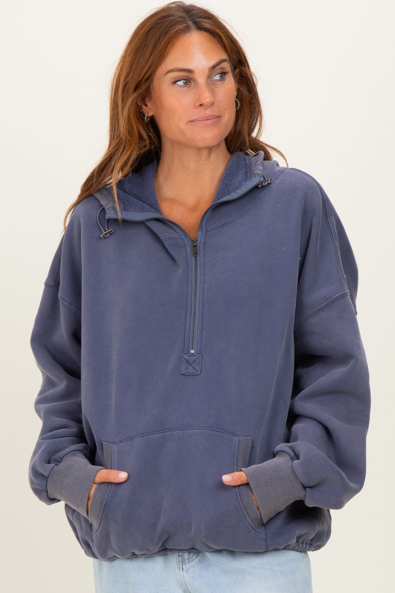 Navy Fleece Half Zip Drop Shoulder Hoodie