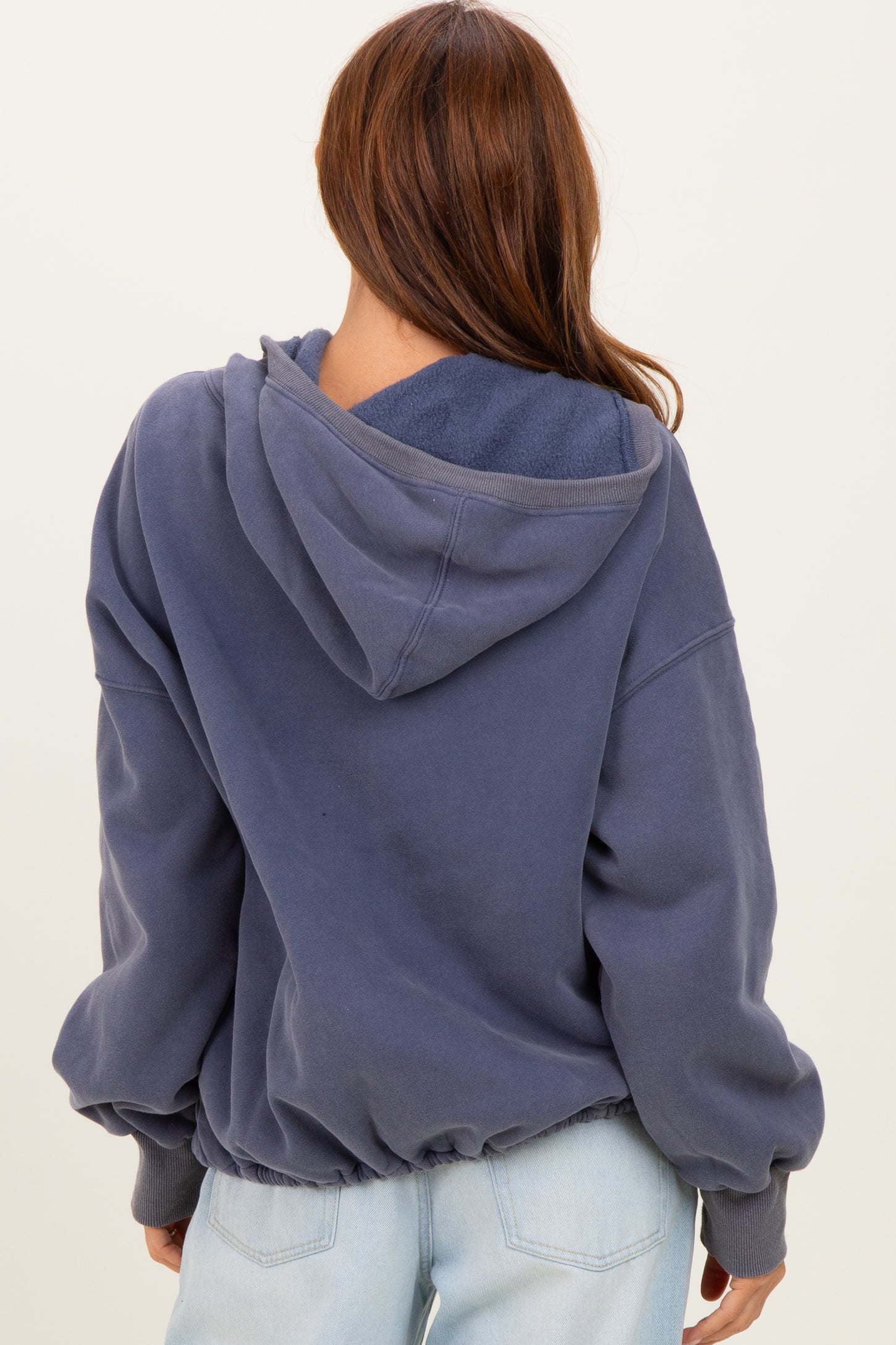 Navy Fleece Half Zip Drop Shoulder Hoodie