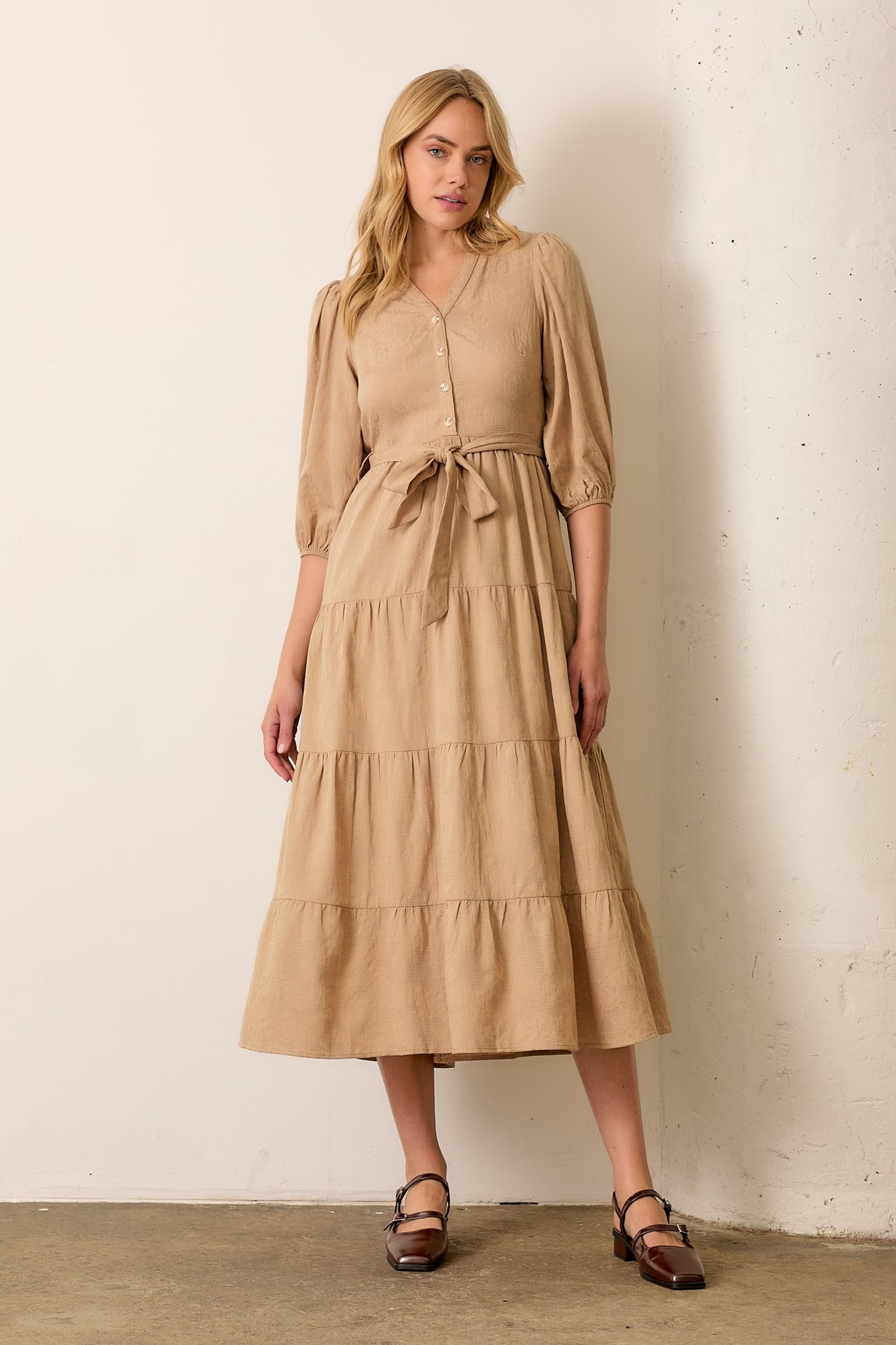 Taupe Floral Jacquard Button Front Tiered Maternity Dress