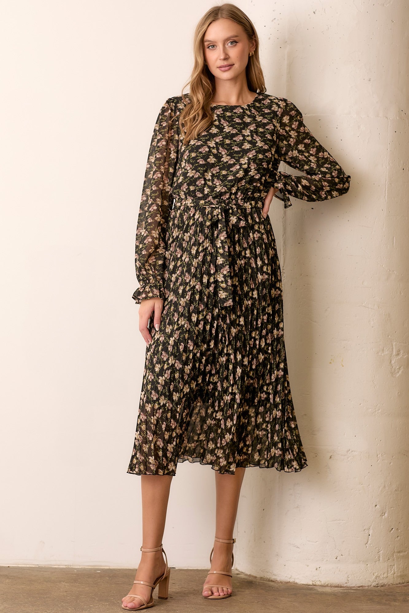Black Floral Chiffon Long Sleeve Pleated Maternity Midi Dress