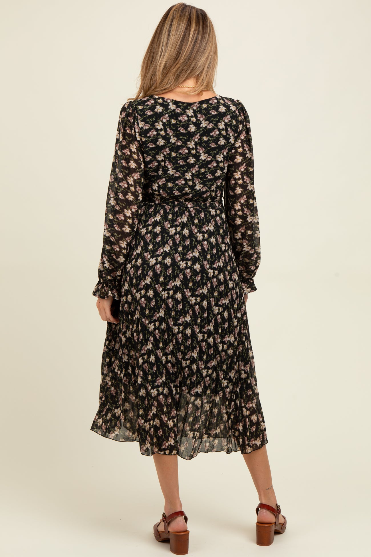 Black Floral Chiffon Long Sleeve Pleated Maternity Midi Dress