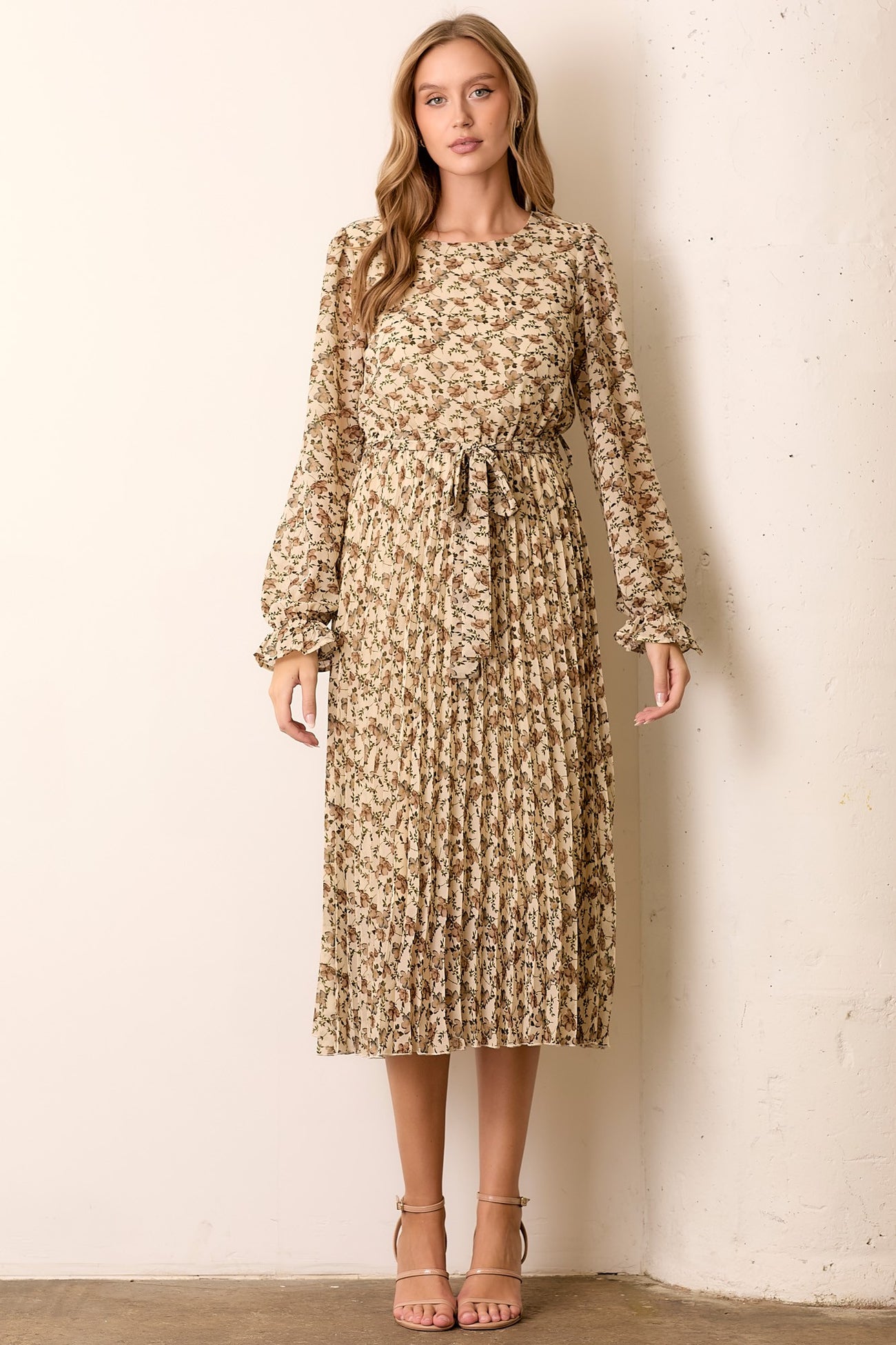 Cream Floral Chiffon Long Sleeve Pleated Maternity Midi Dress