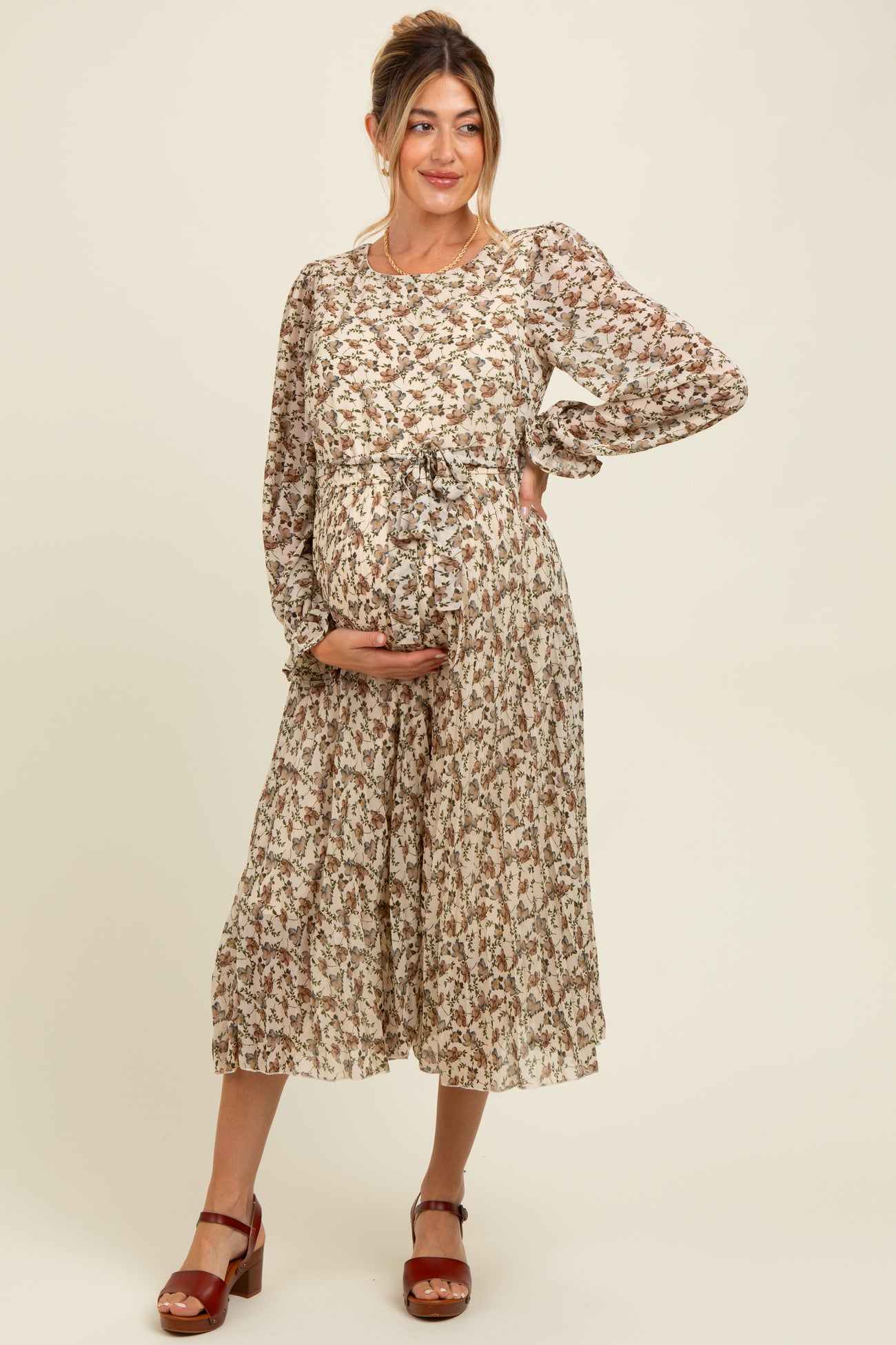 Cream Floral Chiffon Long Sleeve Pleated Maternity Midi Dress