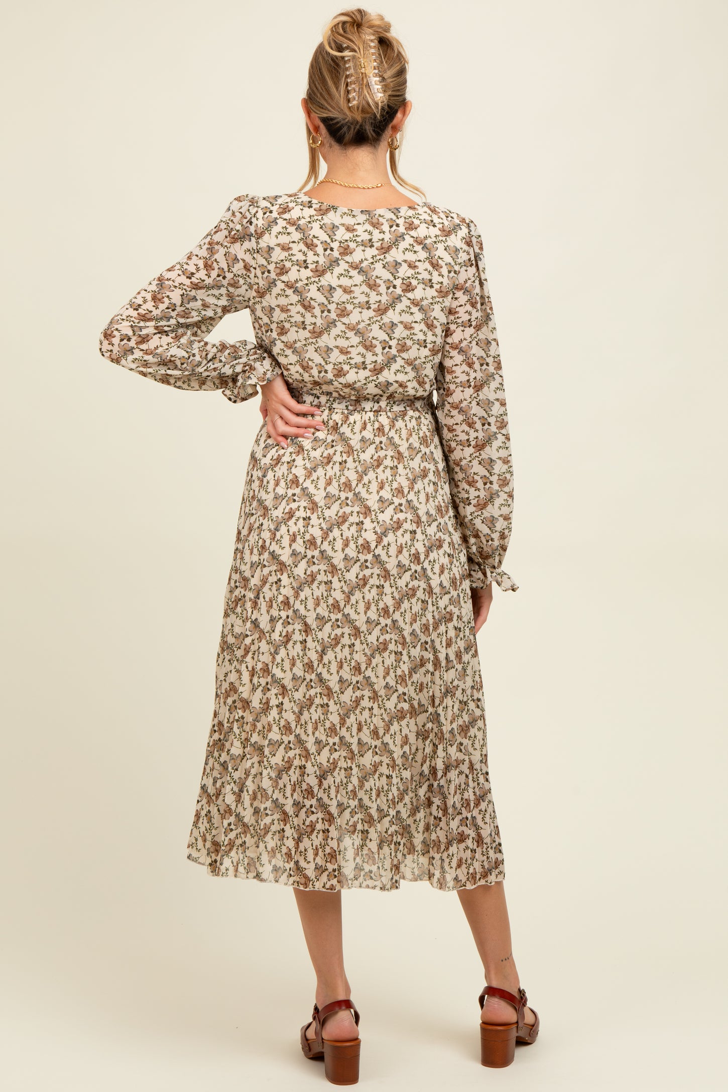 Cream Floral Chiffon Long Sleeve Pleated Maternity Midi Dress