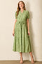 Green Floral Button Front Tiered Midi Dress