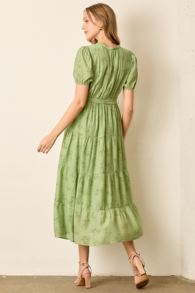 Green Floral Button Front Tiered Midi Dress