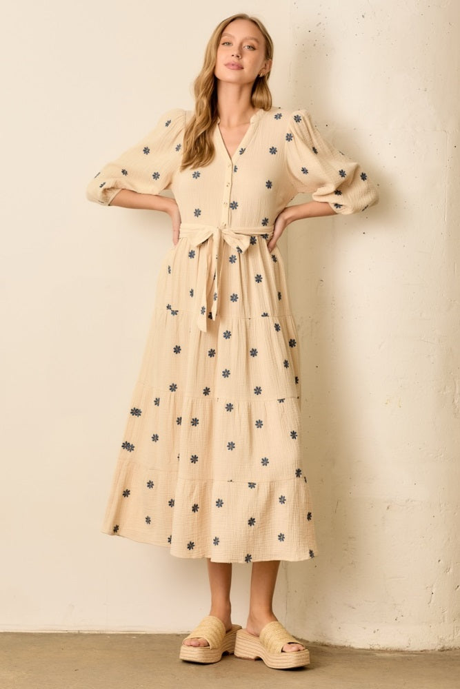 Cream Floral Cotton Gauze Tiered Maternity Midi Dress