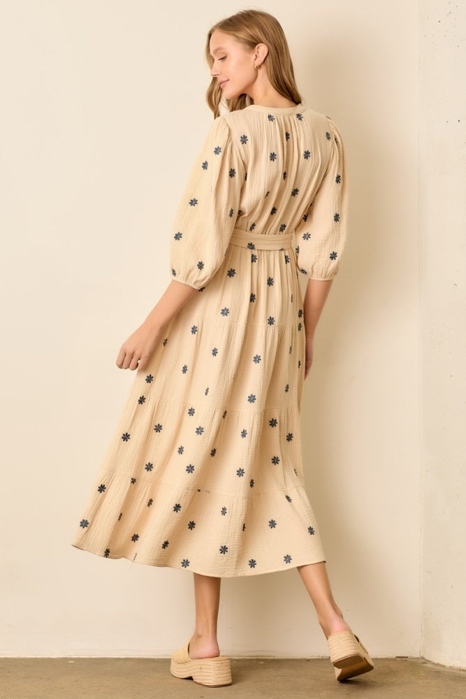 Cream Floral Cotton Gauze Tiered Midi Dress