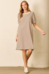 Burgundy Striped Puff Sleeve Maternity Midi T-Shirt Dress
