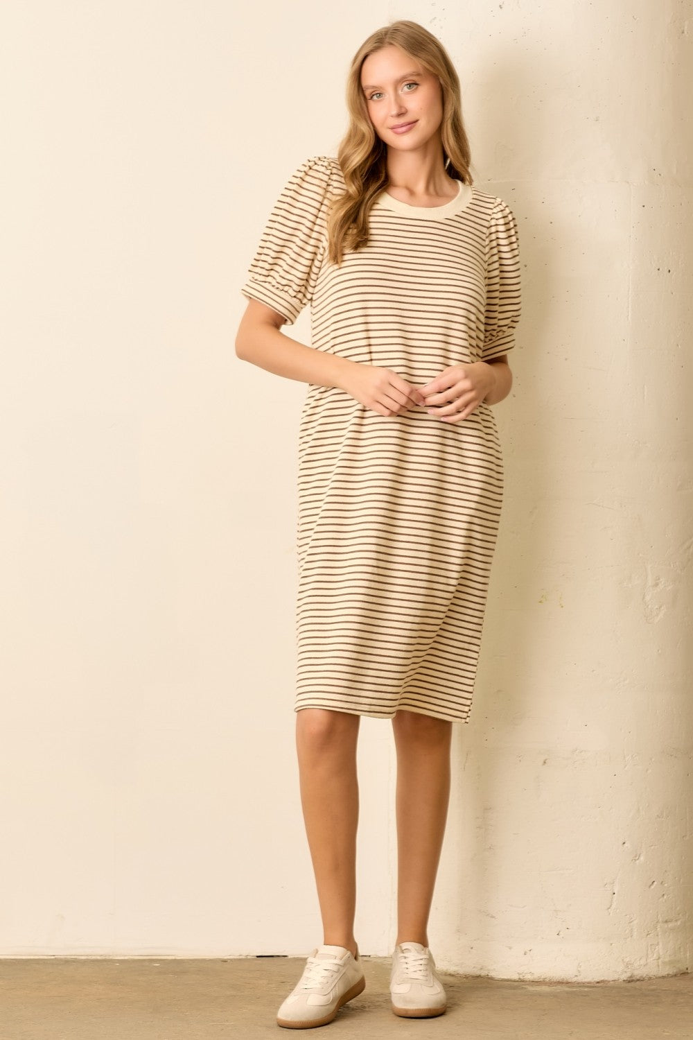 Mocha Striped Puff Sleeve Maternity Midi T-Shirt Dress