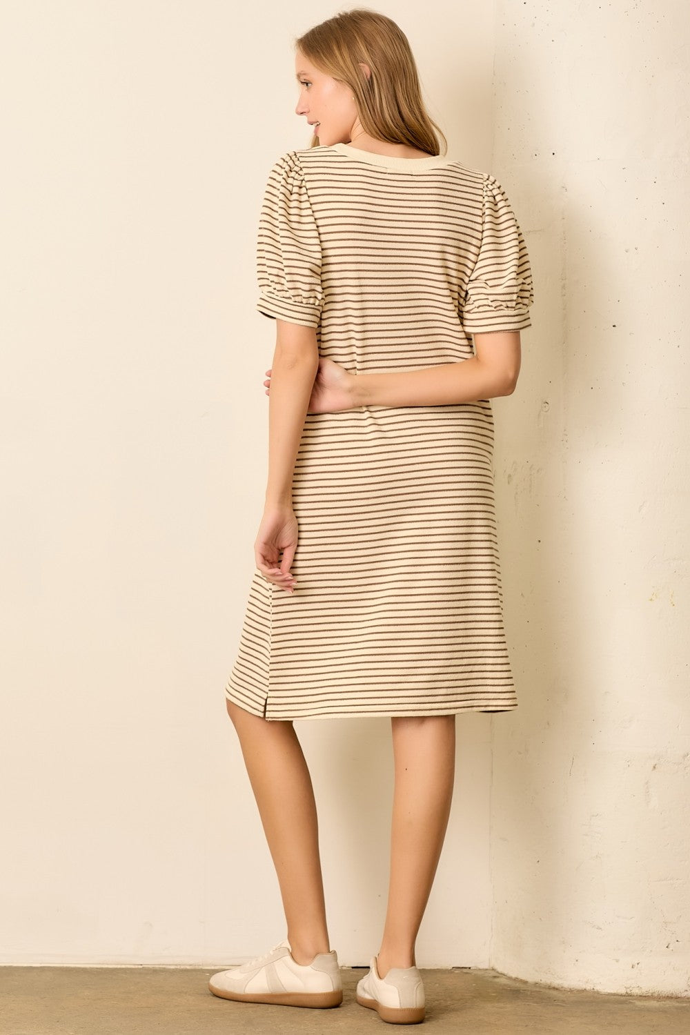 Mocha Striped Puff Sleeve Midi T-Shirt Dress