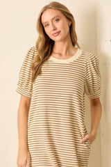 Mocha Striped Puff Sleeve Midi T-Shirt Dress