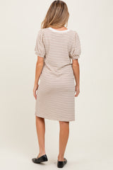 Mocha Striped Puff Sleeve Maternity Midi T-Shirt Dress