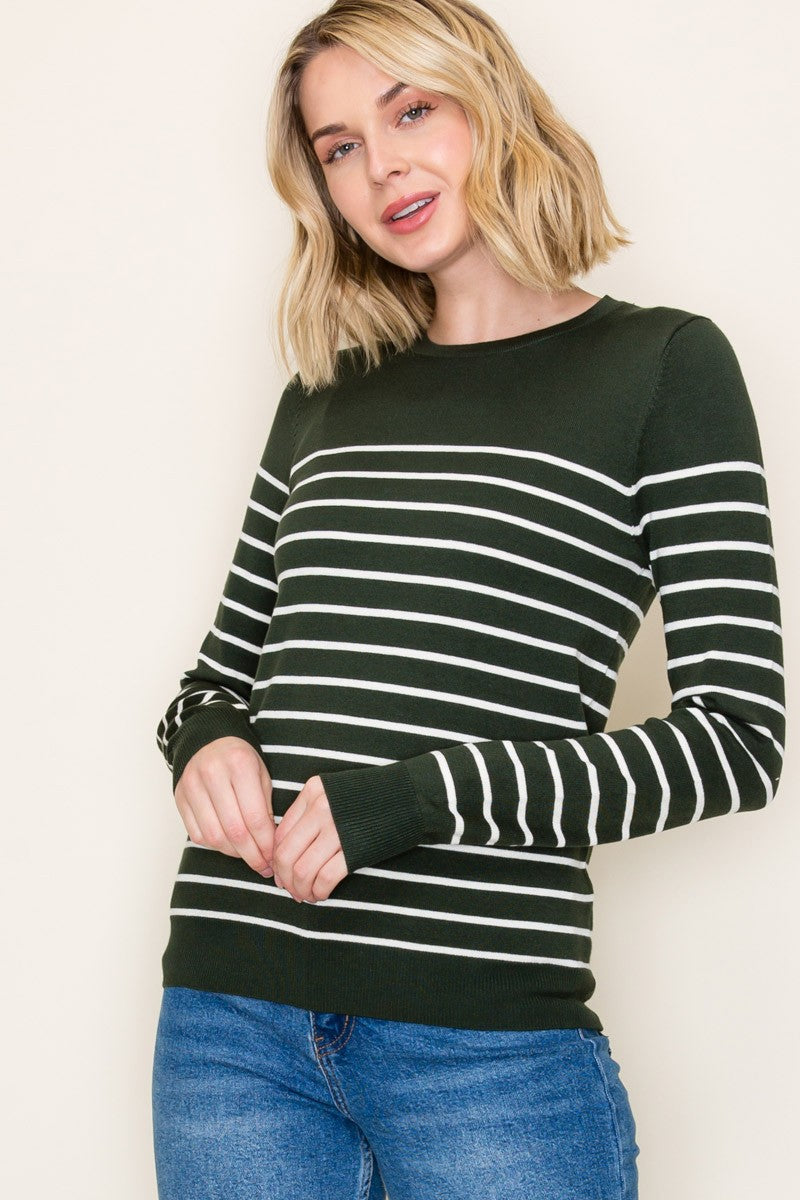 Forest Green Striped Knit Long Sleeve Top