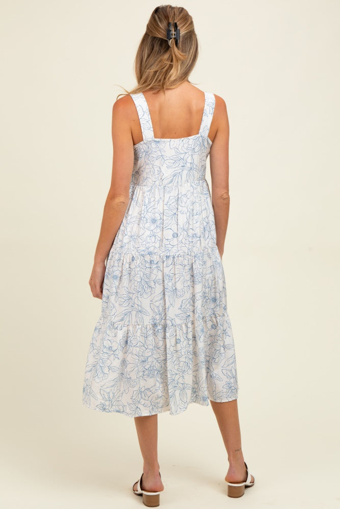 Blue Floral Tiered Sleeveless Maternity Midi Dress